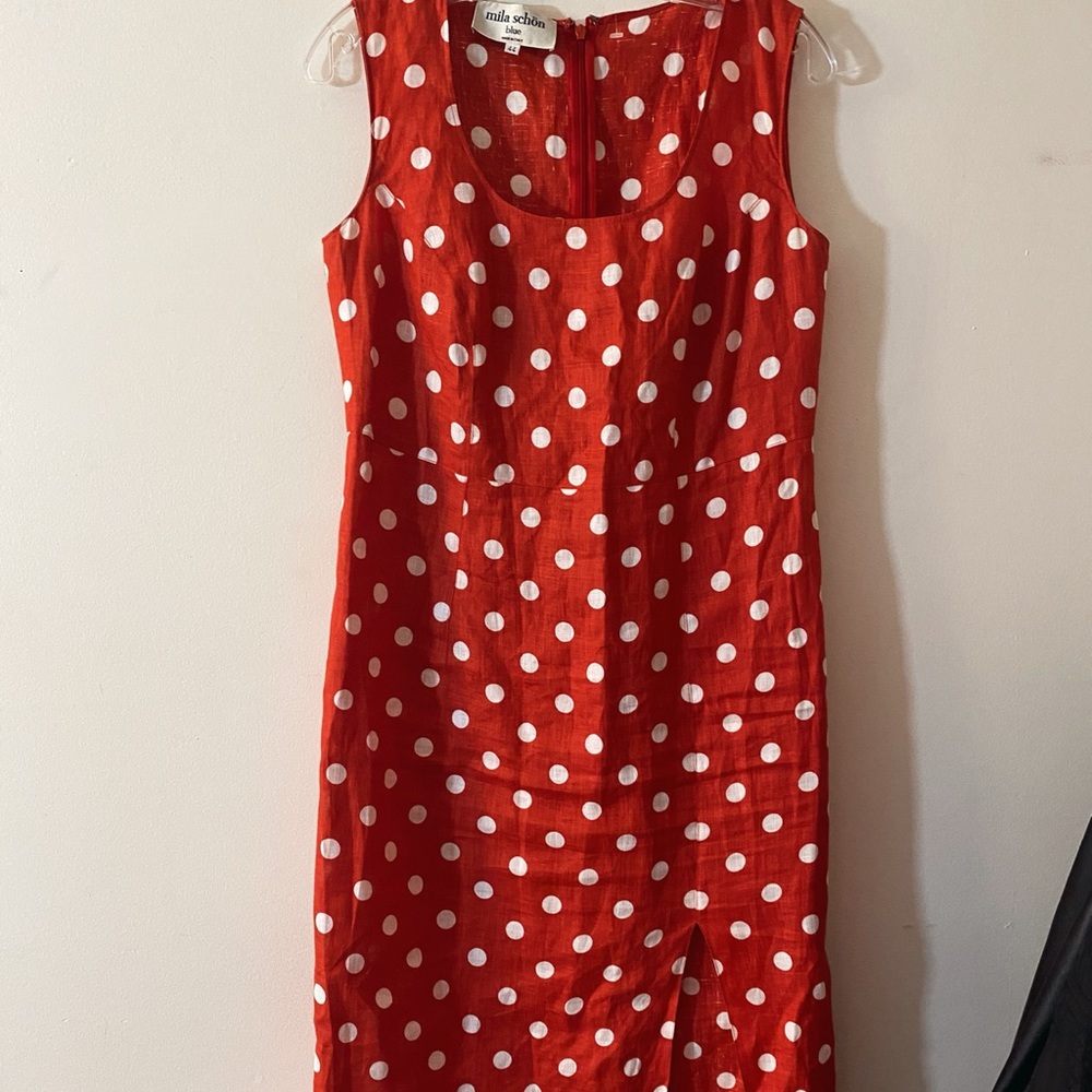 VINTAGE 70s MILA SCHON LINEN POLKA DOT PINUP DRESS - Picture 2 of 10